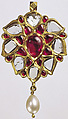 Floral Pendant with Drooping Petals, Fabricated from gold, worked in kundan technique and set with diamonds and rubies, with pendant pearl